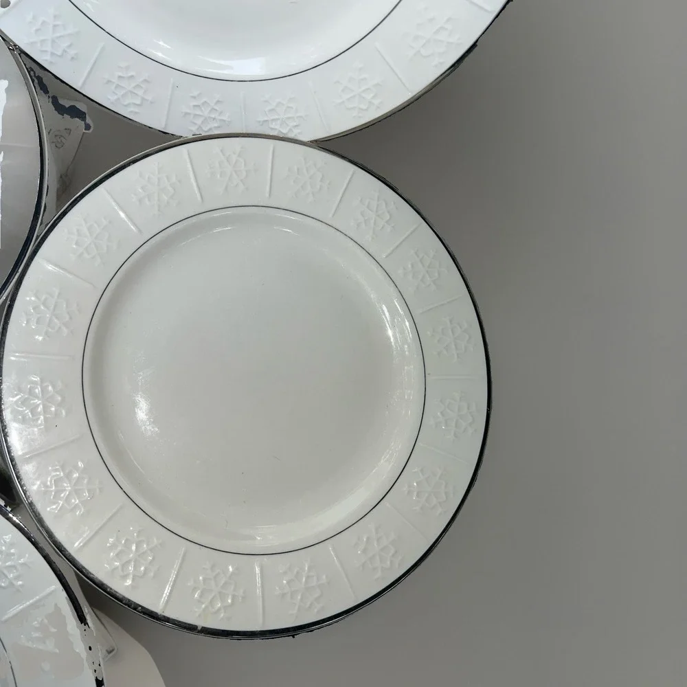 4 Pier 1 Porcelain Plates, White Snowflake Silver Trim, Embossed Rim, Round 11